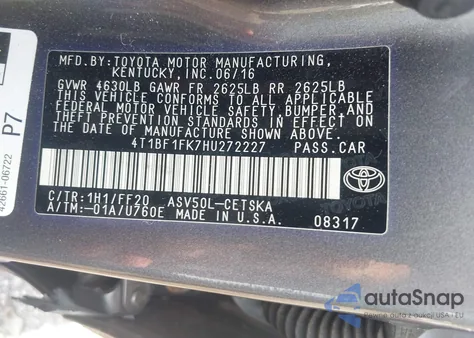 2017 Toyota Camry Se z USA, uszkodzony, nr VIN 4T1BF1FK7HU272227
